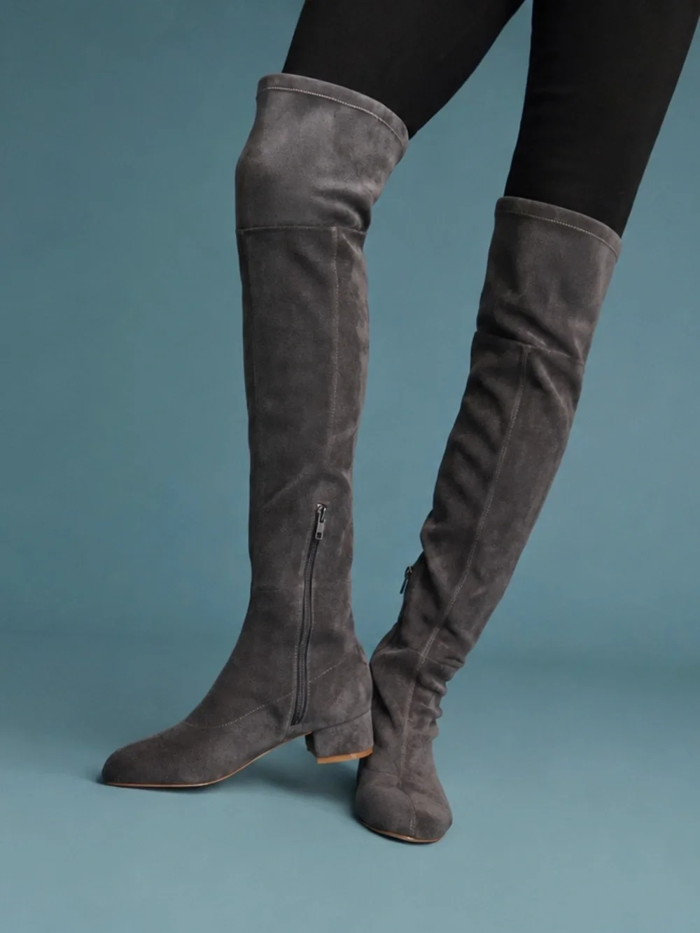 Anthropologie Suede Leather Over-the-Knee Tall Riding Boots Womens 7.5‎ Gray